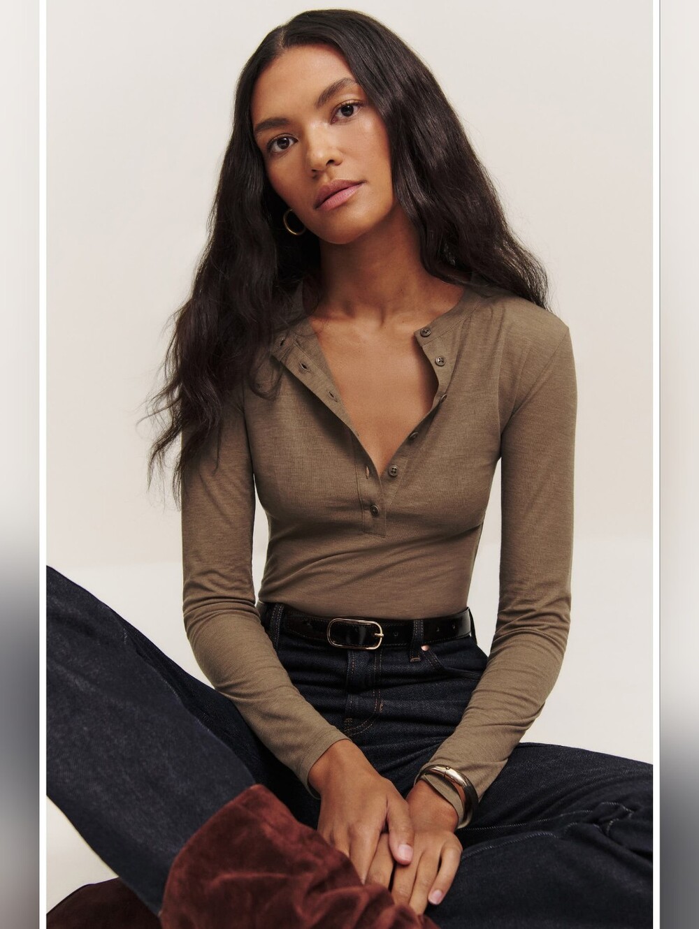 REFORMATION Harriet Knit Henley Top In Cookie Size Medium